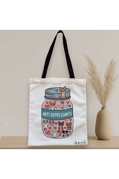 BEKZ Textile Bag With Zipper, Tote Bag, Anti Depressant Doggos Pattern 38 X 34.5 Cm, ​​White, ®