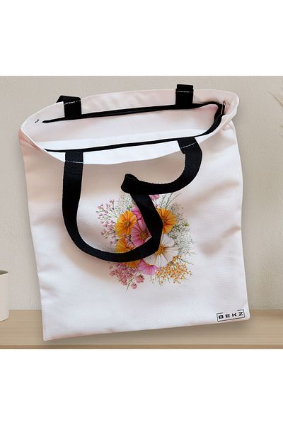 BEKZ Sacosa Textila Cu Fermoar, Geanta Tote, Model Flowers 16 38 X 34.5 Cm, Alb, ®