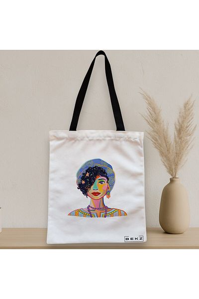 BEKZ Textile Bag With Zipper, Tote Bag, Vibrant Portrait Pattern 5, 38x34.5 Cm, ​​White, ®