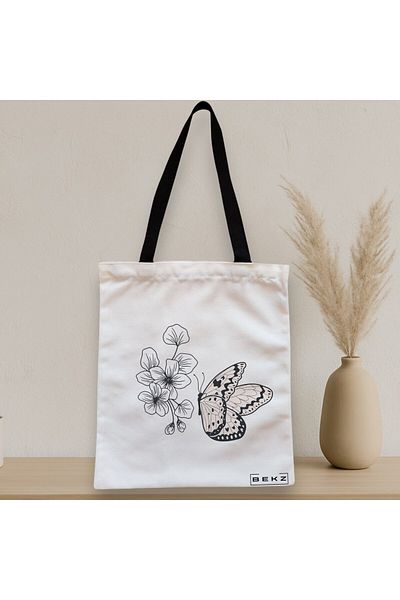 BEKZ Textile Bag With Zipper, Tote Bag, Minimalist Butterfly Pattern, 38x34.5 Cm, ​​White, ®