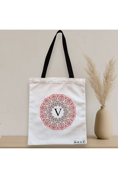 BEKZ Textile Bag With Zipper, Tote Bag, With Letter V And Mandala, 38x34.5 Cm, ​​White, ®