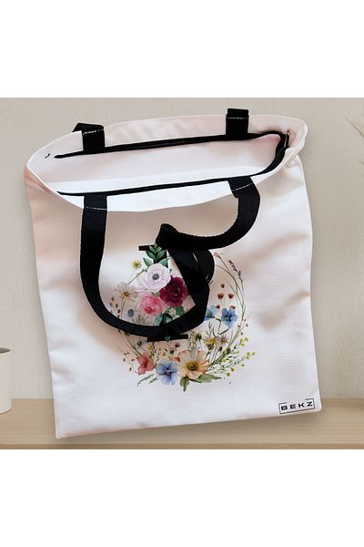 BEKZ Textile Bag With Zipper, Tote Bag, With Letter P In Floral Wreath, 38x34.5 Cm, ​​White, ®