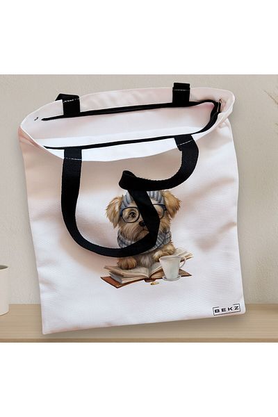 BEKZ Sacosa Textila Cu Fermoar, Geanta Tote, Model Reading Puppy 3 38 X 34.5 Cm, Alb, ®