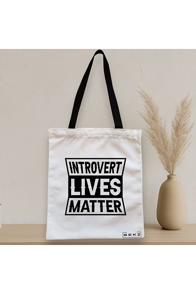 BEKZ Sacosa Textila Cu Fermoar, Geanta Tote, Model Introvert Lives Matter, 38x34.5 Cm, Alba, ®