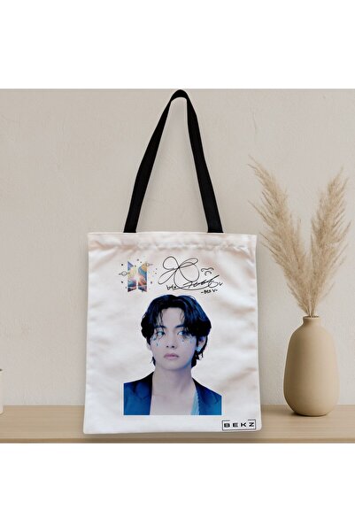 BEKZ Sacosa Textila Cu Fermoar, Geanta Tote, Model Bts V, 38x34.5 Cm, Alba, ®