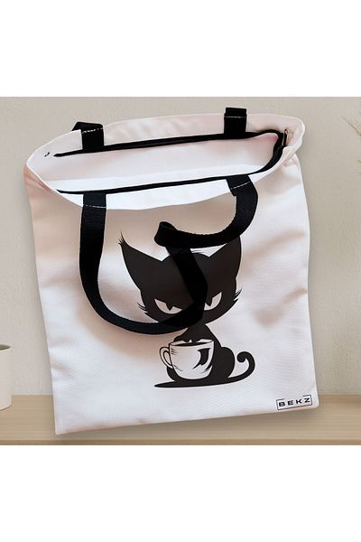 BEKZ Sacosa Textila Cu Fermoar, Geanta Tote, Model Caffeine Cat 26 38 X 34.5 Cm, Alb, ®