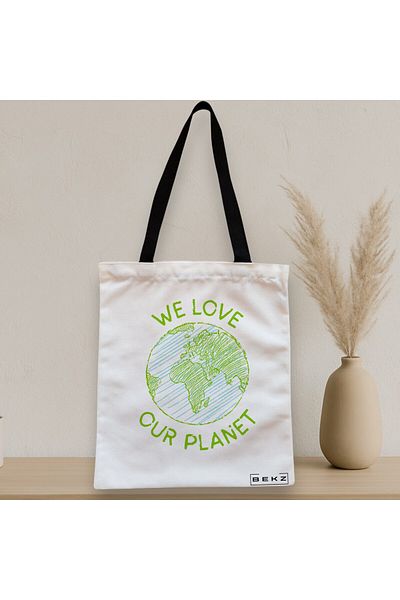 BEKZ Sacosa Textila Cu Fermoar, Geanta Tote, Model We Love Our Planet, 38x34.5 Cm, Alba, ®