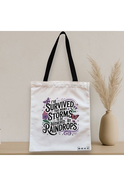 BEKZ Zippered Textile Bag, Tote Bag, I’ve Survived Too Many Storms Pattern 38 X 34.5 Cm, ​​White, ®