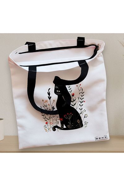 BEKZ Textile Bag With Zipper, Tote Bag, Cat And Flowers Model 5, 38 X 34.5 Cm, ​​White, ®
