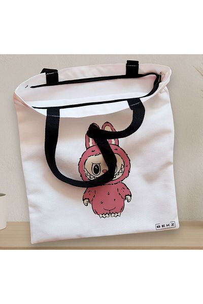 BEKZ Sacosa Textila Cu Fermoar, Geanta Tote, Model Labubu 3 38 X 34.5 Cm, Alb, ®