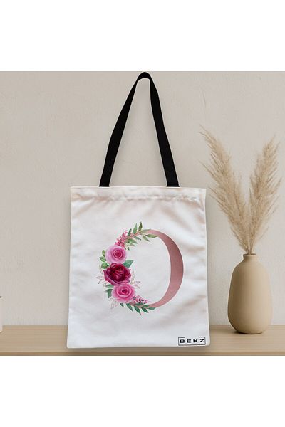 BEKZ Sacosa Textila Cu Fermoar, Geanta Tote, Cu Litera O Rose Gold Si Trandafiri, 38x34.5 Cm, Alba, ®