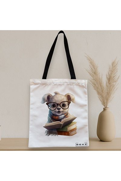 BEKZ Sacosa Textila Cu Fermoar, Geanta Tote, Model Reading Puppy 23 38 X 34.5 Cm, Alb, ®