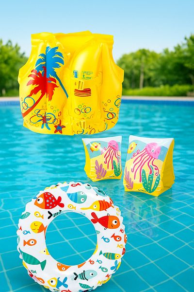 Yeşil Oyuncak 3-6 Years Old 3-Piece Swimming Assistant Set Life Jacket + Lifebuoy + Inflatable Armlet Swimming Set