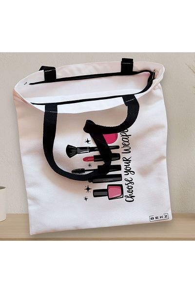 BEKZ Sacosa Textila Cu Fermoar, Geanta Tote, Model Choose Your Weapon Ladies 38 X 34.5 Cm, Alb, ®