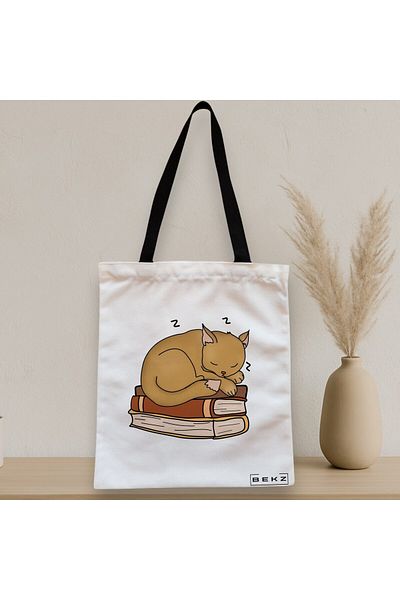 BEKZ Sacosa Textila Cu Fermoar, Geanta Tote, Model Cat Booky Life, 38 X 34.5 Cm, Alb, ®