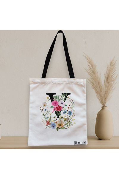 BEKZ Textile Bag With Zipper, Tote Bag, With Letter V In Floral Wreath, 38x34.5 Cm, ​​White, ®