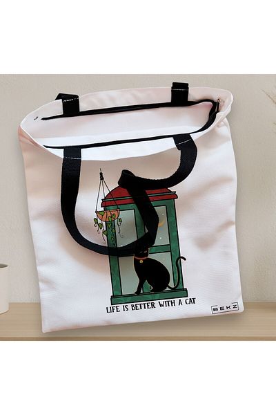 BEKZ Textile Bag With Zipper, Tote Bag, Life Is Better With A Cat Model, 38 X 34.5 Cm, ​​White, ®