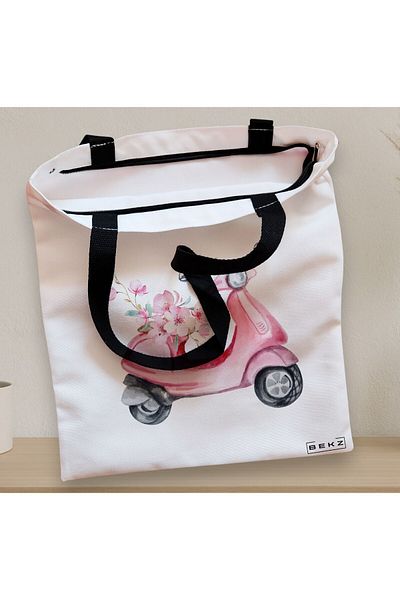 BEKZ Sacosa Textila Cu Fermoar, Geanta Tote, Model Rose Flower Bike, 38x34.5 Cm, Alba, ®