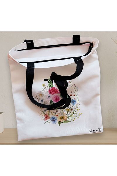 BEKZ Sacosa Textila Cu Fermoar, Geanta Tote, Cu Litera B In Coronita Florala, 38x34.5 Cm, Alba, ®