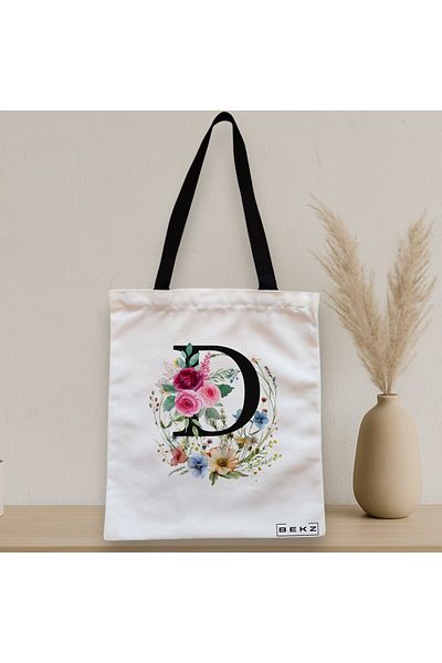BEKZ Textile Bag With Zipper, Tote Bag, With Letter D In Floral Wreath, 38x34.5 Cm, ​​White, ®