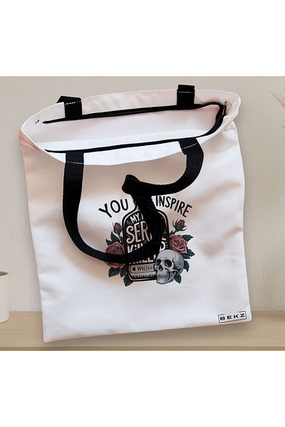 BEKZ Zippered Textile Bag, Tote Bag, Model You Inspire My Inner Serial Killer 38 X 34.5 Cm, ​​White,