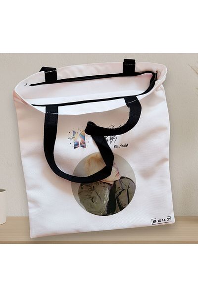 BEKZ Textile Bag With Zipper, Tote Bag, Bts Suga Pattern, 38x34.5 Cm, ​​White, ®