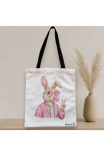 BEKZ Sacosa Textila Cu Fermoar, Geanta Tote, Model Pinkie Peace 38 X 34.5 Cm, Alb, ®