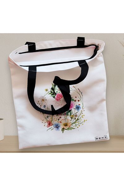 BEKZ Sacosa Textila Cu Fermoar, Geanta Tote, Cu Litera S In Coronita Florala, 38x34.5 Cm, Alba, ®