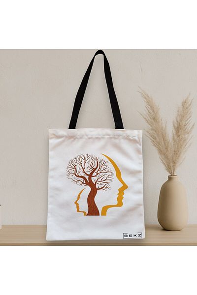 BEKZ Textile Bag With Zipper, Tote Bag, Tree And Faces Model, 38x34.5 Cm, ​​White, ®