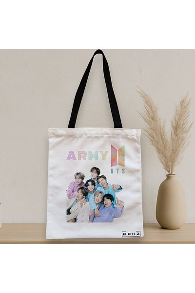 BEKZ Sacosa Textila Cu Fermoar, Geanta Tote, Model Bts Army 7, 38x34.5 Cm, Alba, ®