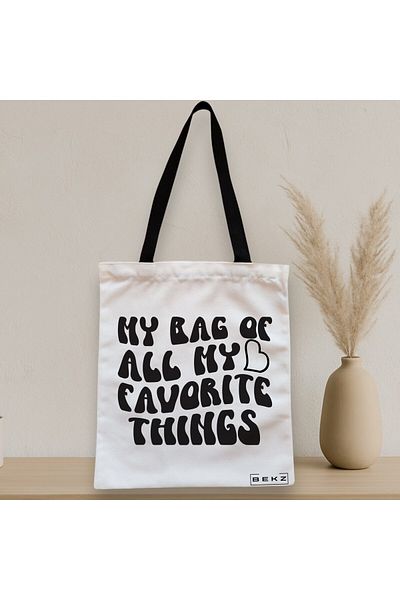 BEKZ Textile Bag With Zipper, Tote Bag, Model My Bag Of All My Favorite Things, 38x34.5 Cm, ​​White, Beige