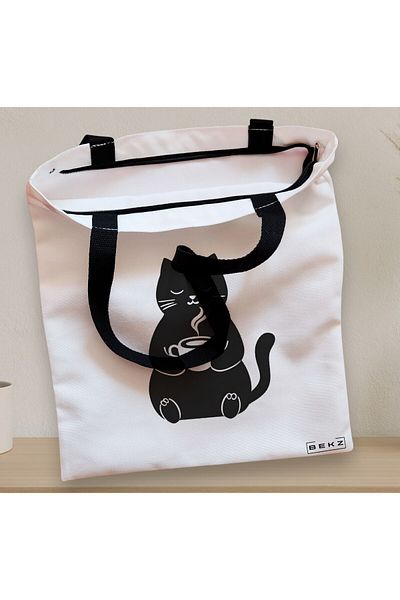 BEKZ Sacosa Textila Cu Fermoar, Geanta Tote, Model Caffeine Cat 9 38 X 34.5 Cm, Alb, ®