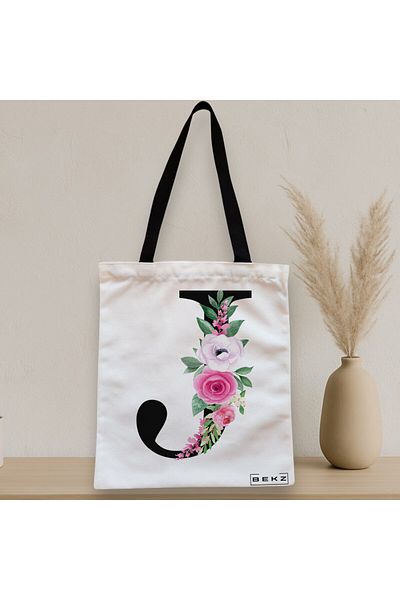 BEKZ Textile Bag With Zipper, Tote Bag, With Letter J And Roses, 38x34.5 Cm, ​​White, ®