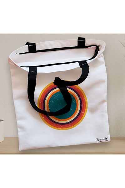 BEKZ Sacosa Textila Cu Fermoar, Geanta Tote, Model Retro Concentric Circles, 38x34.5 Cm, Alba, ®