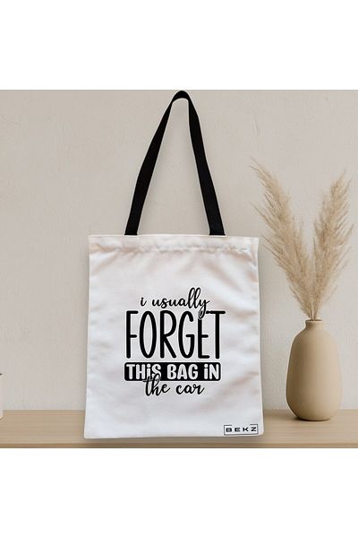 BEKZ Sacosa Textila Cu Fermoar, Geanta Tote, Model I Usually Forget This Bag In The Car, 38x34.5 Cm, Alba