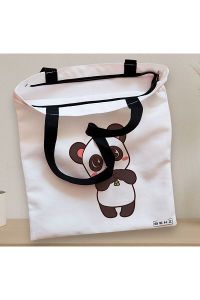 BEKZ Sacosa Textila Cu Fermoar, Geanta Tote, Model Panda Love, 38x34.5 Cm, Alba, ®