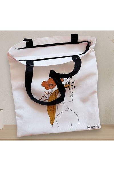 BEKZ Sacosa Textila Cu Fermoar, Geanta Tote, Flower Lady 20, 38x34.5 Cm, Alba, ®