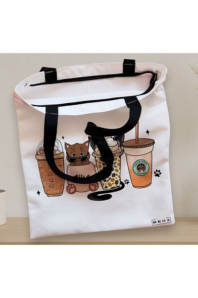 BEKZ Textile Bag With Zipper, Tote Bag, Cats And Coffee 2 Model, 38 X 34.5 Cm, ​​White, ®