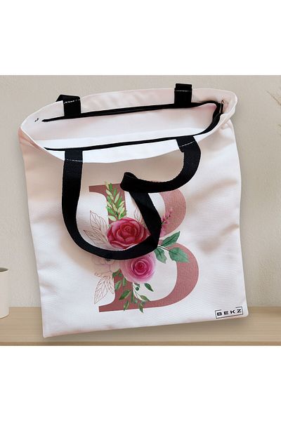 BEKZ Sacosa Textila Cu Fermoar, Geanta Tote, Cu Litera B Rose Gold Si Trandafiri, 38x34.5 Cm, Alba, ®