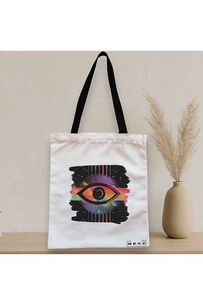 BEKZ Sacosa Textila Cu Fermoar, Geanta Tote, Model Celestial Eye 17, 38x34.5 Cm, Alba, ®