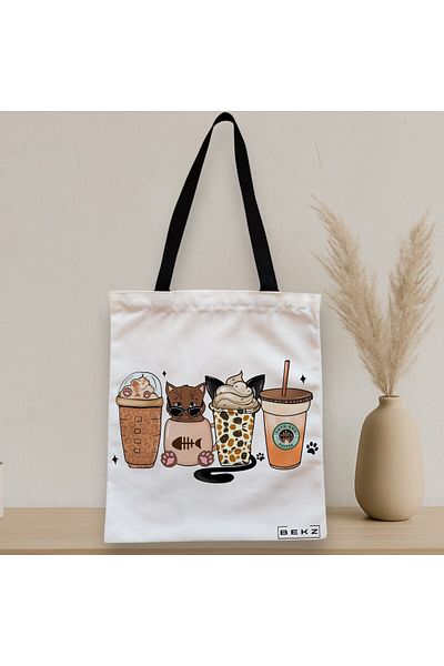 BEKZ Textile Bag With Zipper, Tote Bag, Cats And Coffee 2 Model, 38 X 34.5 Cm, ​​White, ®