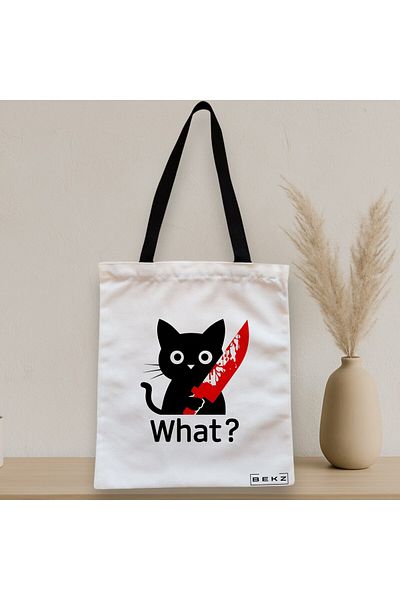 BEKZ Textile Bag With Zipper, Tote Bag, Funny Black Cat Pattern, 38x34.5 Cm, ​​White, ®