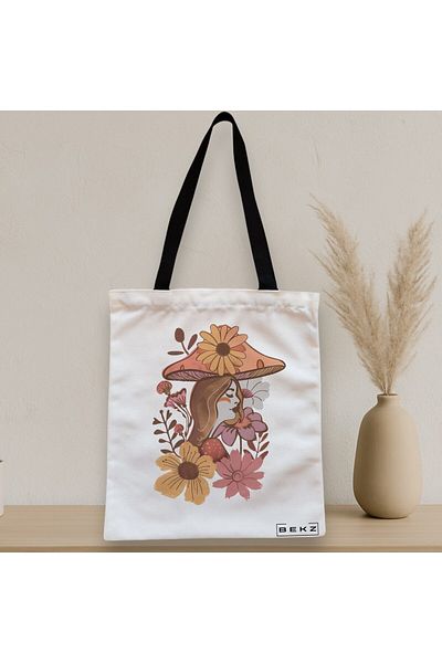 BEKZ Textile Bag With Zipper, Tote Bag Colorful Mushrooms 10, 38x34.5 Cm, ​​White, ®