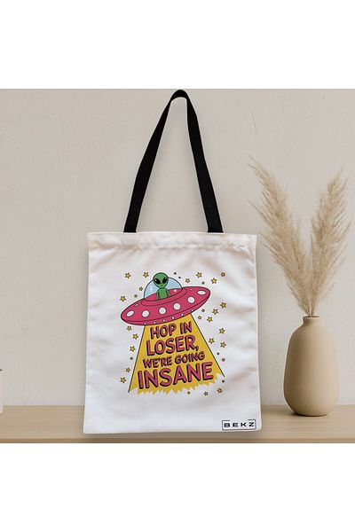 BEKZ Textile Bag With Zipper, Tote Bag, Model Ufo Life 38 X 34.5 Cm, ​​White, ®