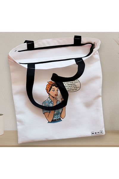BEKZ Textile Bag With Zipper, Tote Bag, Model What A Psycho 38 X 34.5 Cm, ​​White, ®