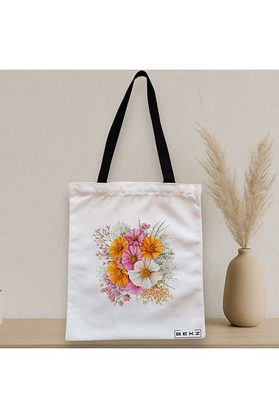 BEKZ Sacosa Textila Cu Fermoar, Geanta Tote, Model Flowers 16 38 X 34.5 Cm, Alb, ®