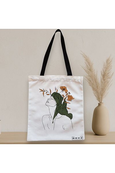 BEKZ Sacosa Textila Cu Fermoar, Geanta Tote, Flower Lady 14, 38x34.5 Cm, Alba, ®