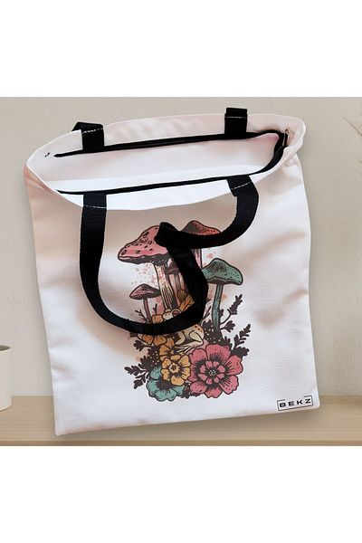 BEKZ Textile Bag With Zipper, Tote Bag Colorful Mushrooms, 38x34.5 Cm, ​​White, ®