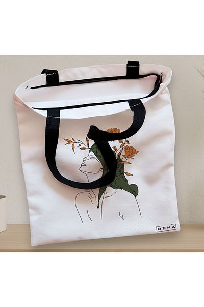 BEKZ Sacosa Textila Cu Fermoar, Geanta Tote, Flower Lady 14, 38x34.5 Cm, Alba, ®