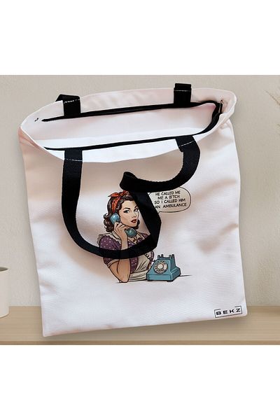 BEKZ Textile Bag With Zipper, Tote Bag, The Phone Girl Model 38 X 34.5 Cm, ​​White, ®